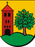 Das Wappen der polnischen Stadt Wierzchowo, ein Turm und ein Baum.