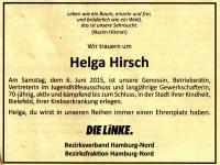 Todesanzeige für Helga Hirsch, mit Sinnspruch von Nazim Hikmet
